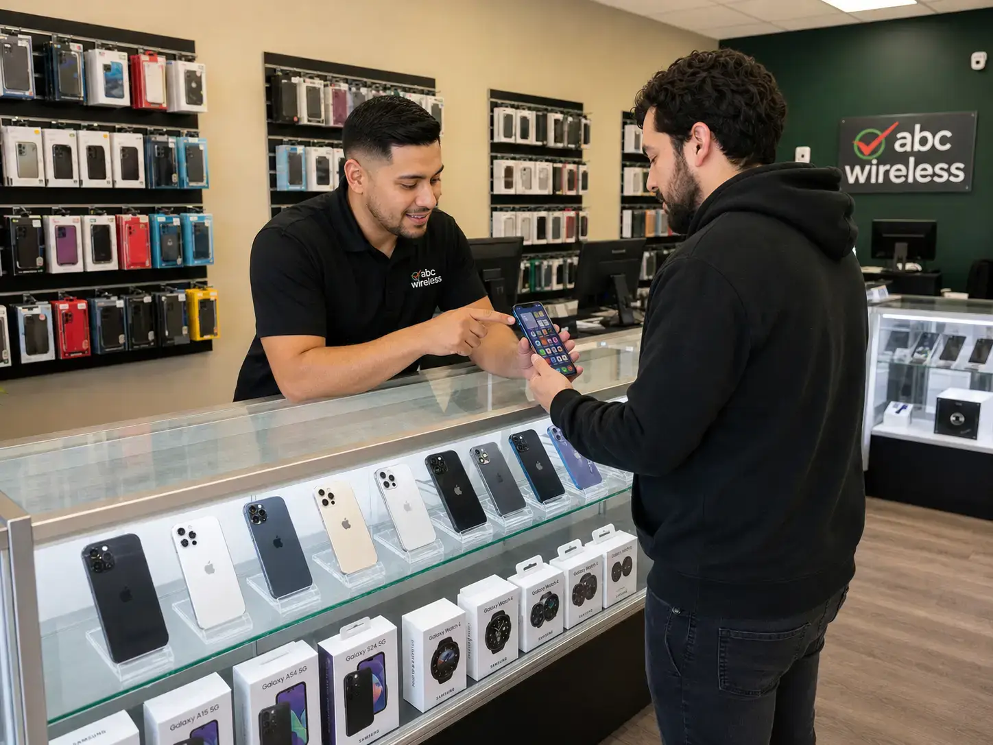 ABC Wireless staff helping a customer choose a phone plan