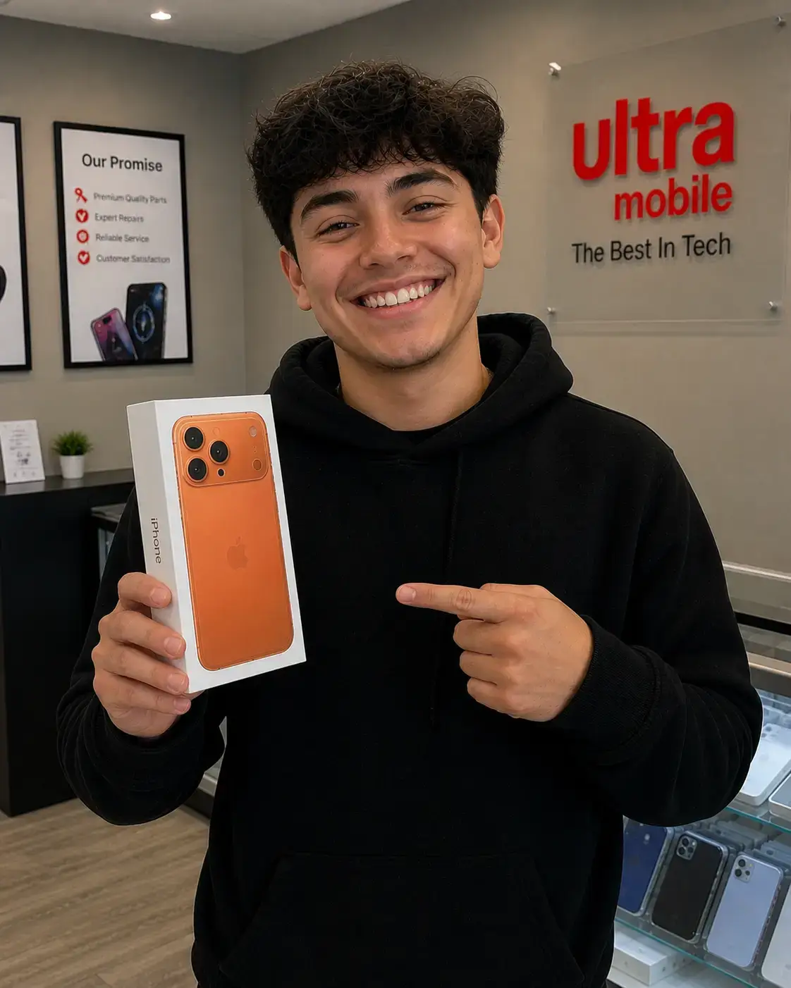 Happy customer with new phone from ABC Wireless in Florissant